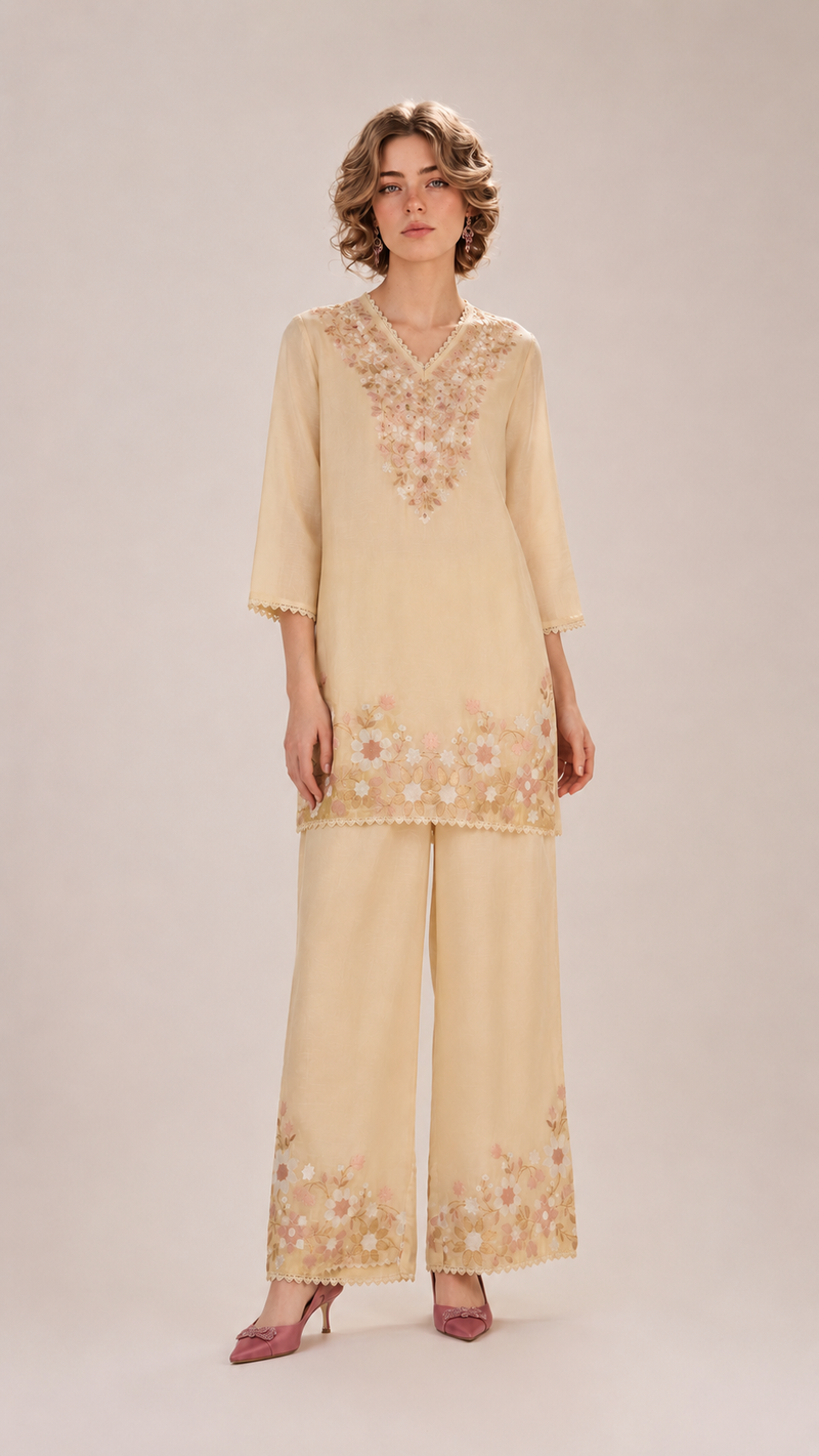 Champagne Beige | Floral Aari-Embroidered Mul Chanderi Palazzo Set