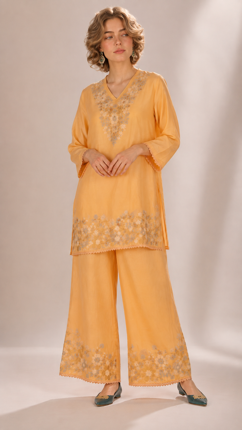Apricot Orange | Floral Aari-Embroidered Mul Chanderi Palazzo Set