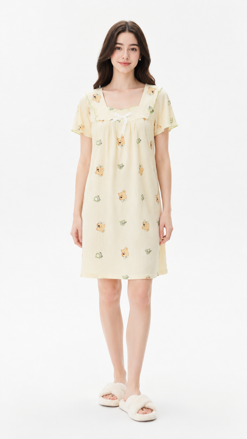 Teddy Timeout | Bear Printed Square Neck Ruffle Nightgown