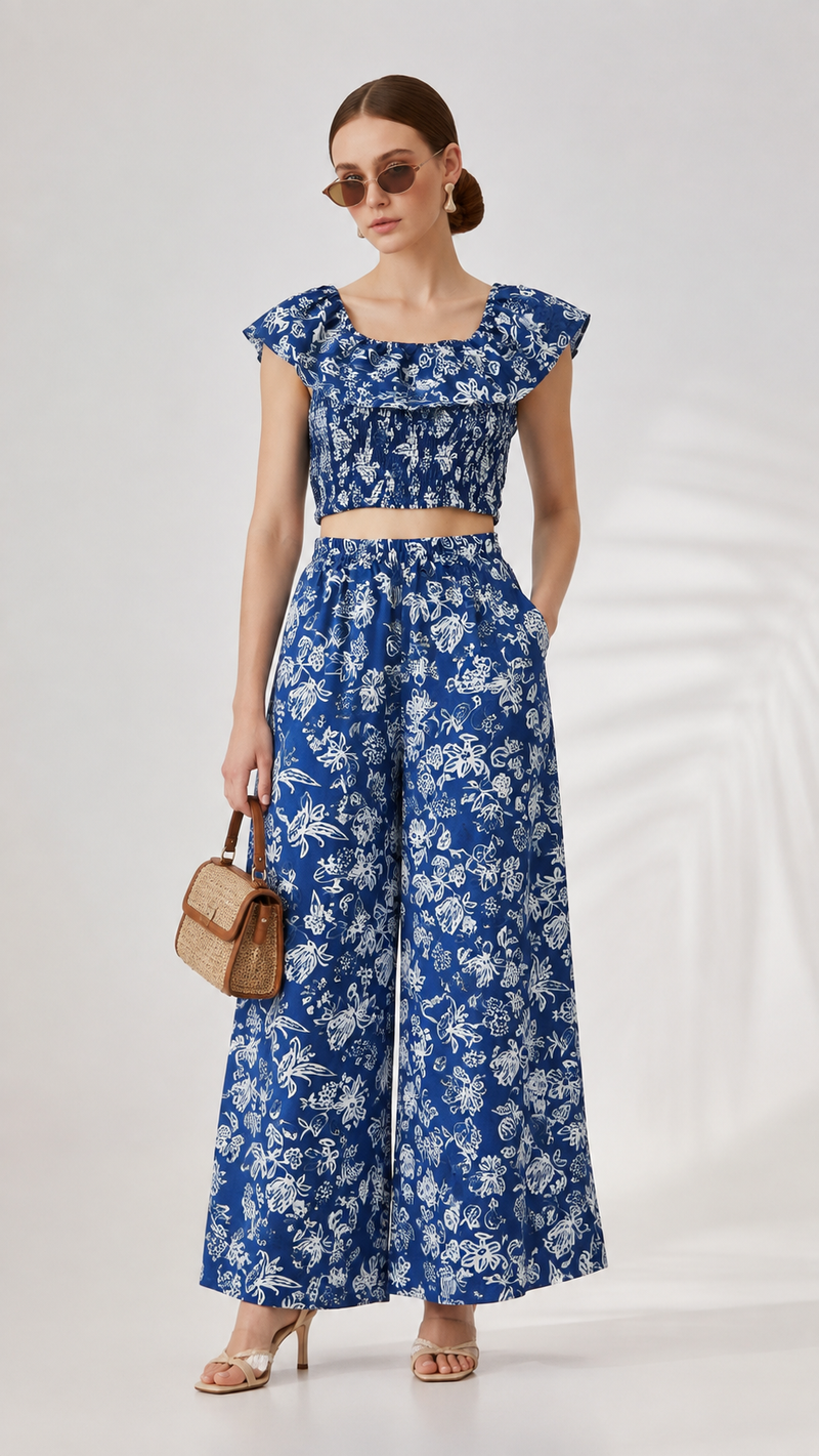 A woman models an EVERSHE matching two-piece outfit consisting of a blue and white floral print crop top with cap sleeves and high-waisted wide-leg pants, styled with a small woven handbag and sunglasses against a light studio background.