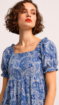 Royal Blue & White | Printed Puff-Sleeve Viscose Rayon Matching Set