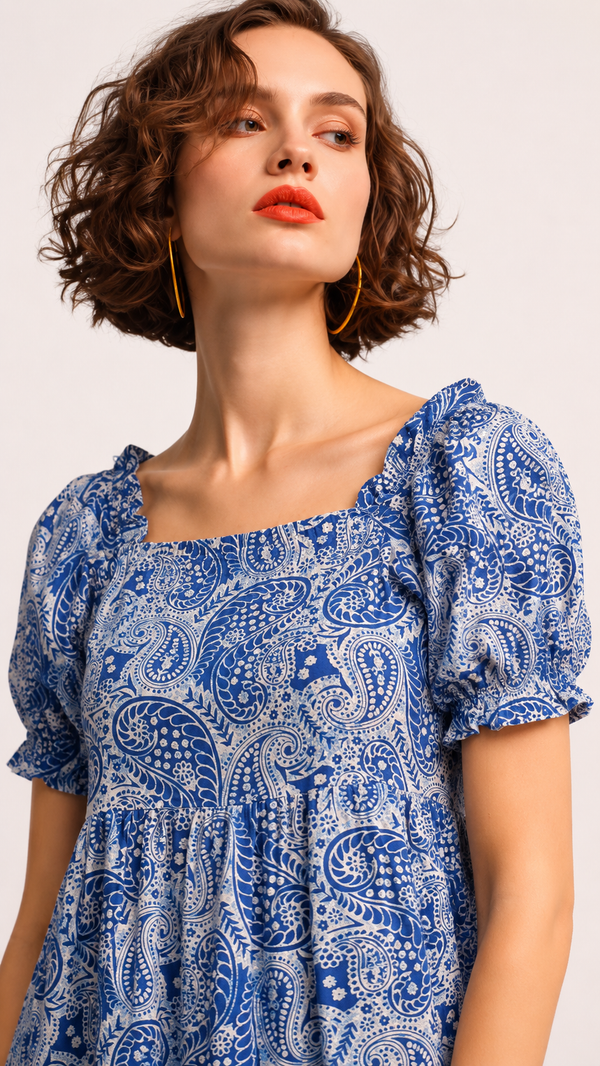 Royal Blue & White | Printed Puff-Sleeve Viscose Rayon Matching Set