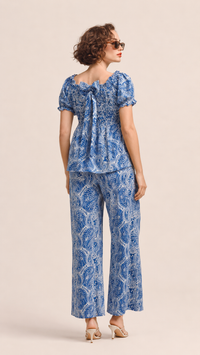 Royal Blue & White | Printed Puff-Sleeve Viscose Rayon Matching Set