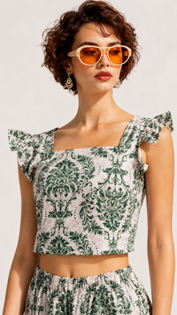 Cypress Damask | Floral Printed Short Ruffle Co-ord Set