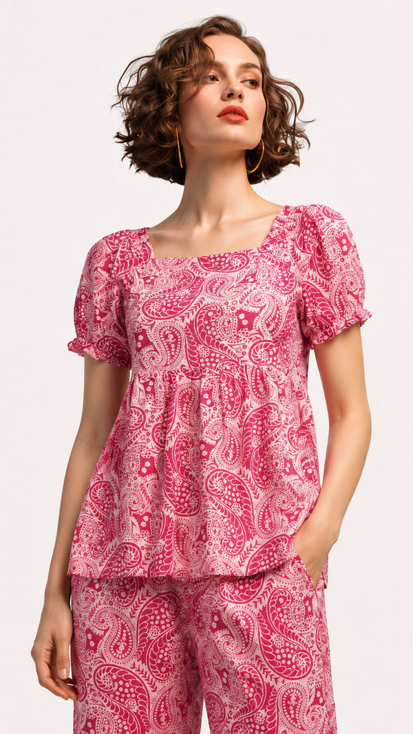 Raspberry Pink & White | Printed Puff-Sleeve Viscose Rayon Matching Set
