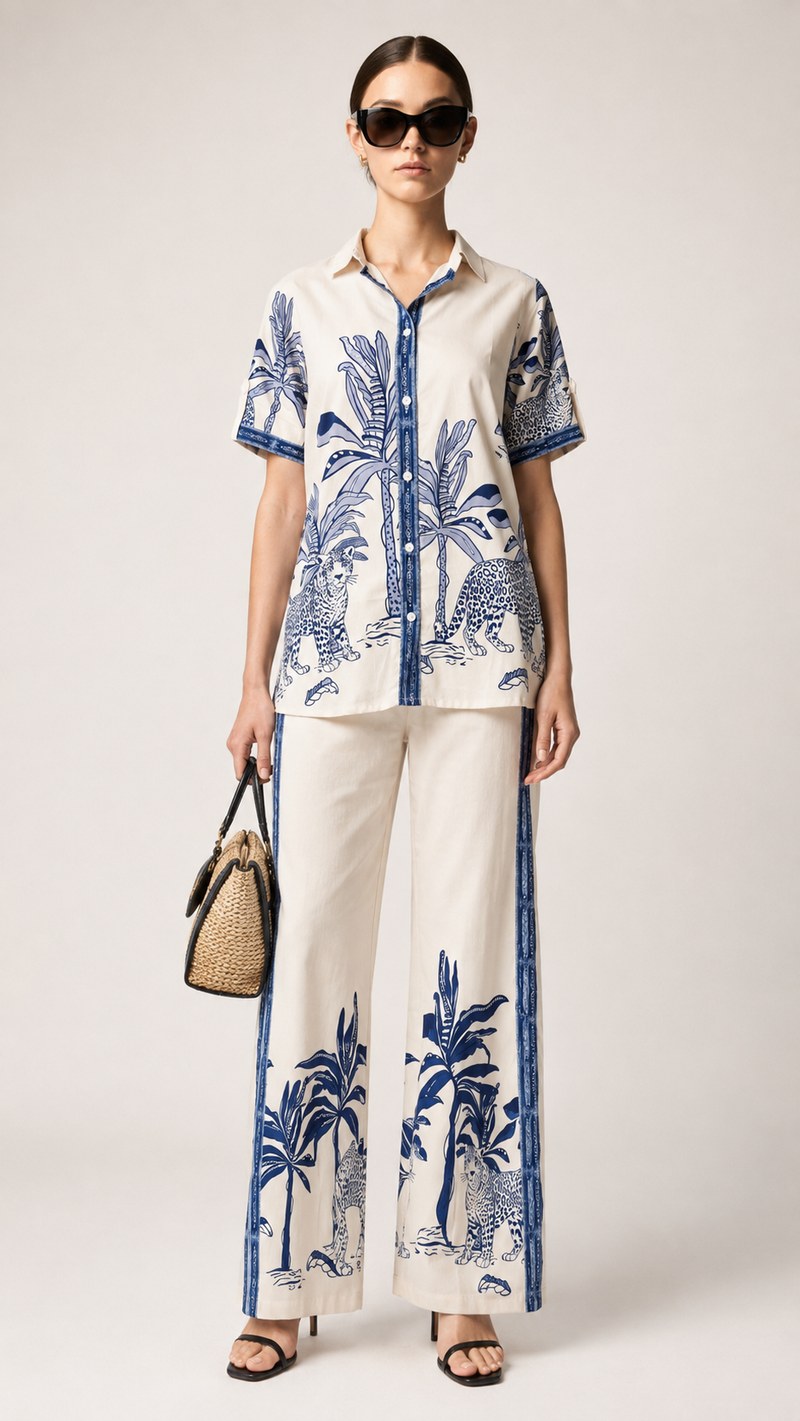 Ivory & Navy Blue | Printed Muslin Co-ord Set