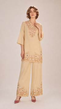 Champagne Beige |  Floral Aari-Embroidered  Mul Chanderi Palazzo Set