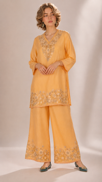 Apricot Orange |  Floral Aari-Embroidered  Mul Chanderi Palazzo Set