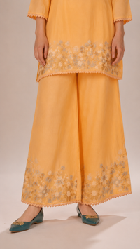 Apricot Orange |  Floral Aari-Embroidered  Mul Chanderi Palazzo Set