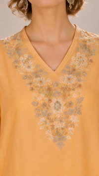Apricot Orange |  Floral Aari-Embroidered  Mul Chanderi Palazzo Set