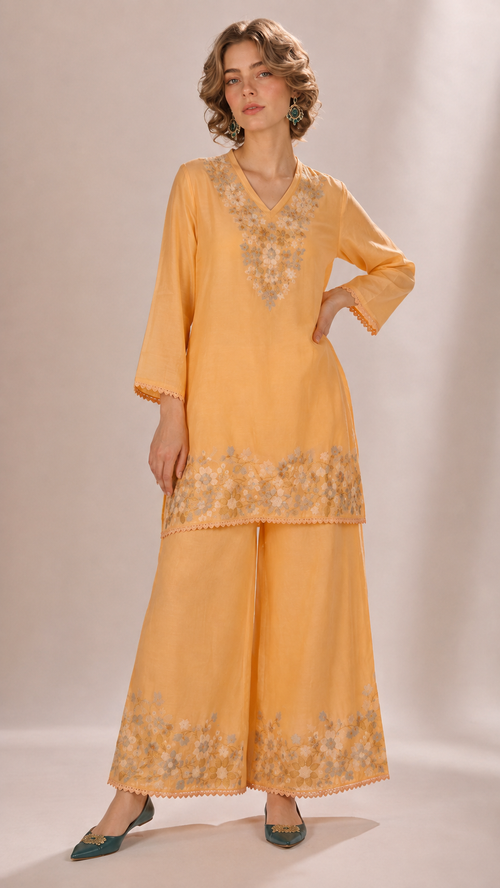Apricot Orange |  Floral Aari-Embroidered  Mul Chanderi Palazzo Set