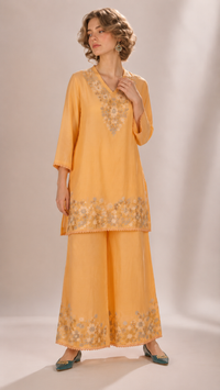 Apricot Orange |  Floral Aari-Embroidered  Mul Chanderi Palazzo Set