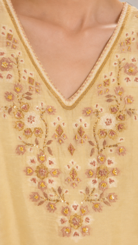 Champagne Beige |  Floral Aari-Embroidered  Mul Chanderi Palazzo Set