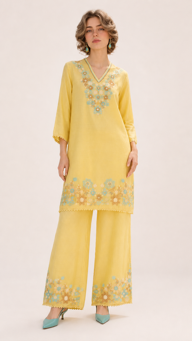 Primrose Yellow | Floral Aari-Embroidered  Mul Chanderi Palazzo Set