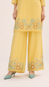 Primrose Yellow | Floral Aari-Embroidered  Mul Chanderi Palazzo Set