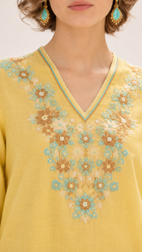 Primrose Yellow | Floral Aari-Embroidered  Mul Chanderi Palazzo Set