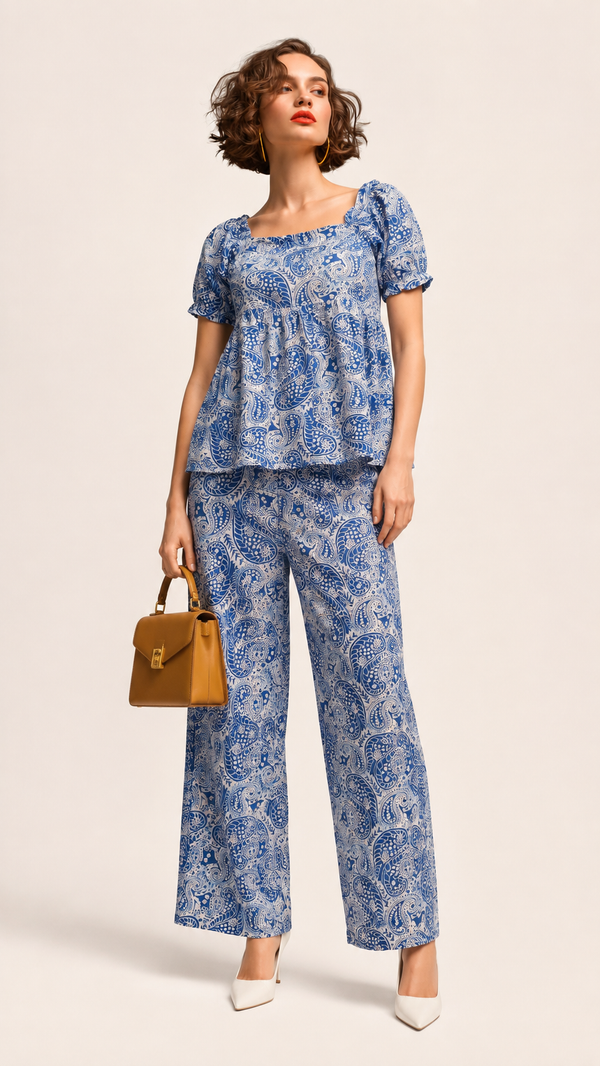 Royal Blue & White | Printed Puff-Sleeve Viscose Rayon Matching Set