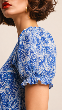 Royal Blue & White | Printed Puff-Sleeve Viscose Rayon Matching Set