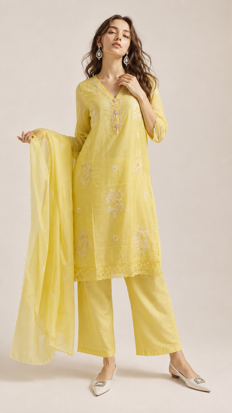 Citron Yellow | Hand Embroidered Bemberg Silk Salwar Kameez Set