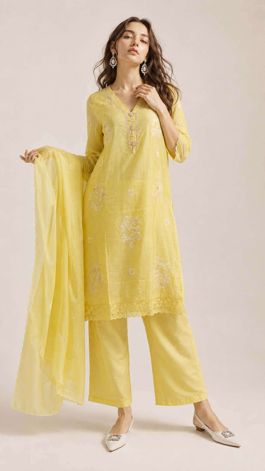 Citron Yellow | Hand Embroidered Bemberg Silk Salwar Kameez Set
