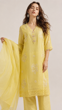 Citron Yellow | Hand Embroidered Bemberg Silk Salwar Kameez Set