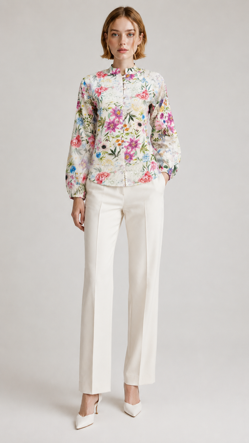 Ivory Floral |  Botanical Print Viscose Rayon Top