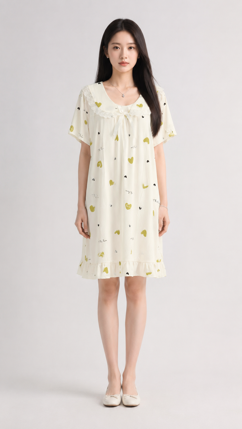 Lime Heart Notes | Printed Peter Pan Collar Nightgown
