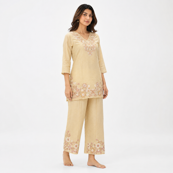 Beige Cream Floral Embroidered Mul Chanderi Set