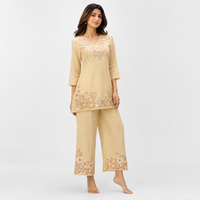 Beige Cream Floral Embroidered Mul Chanderi Set
