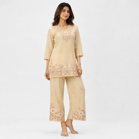 Beige Cream Floral Embroidered Mul Chanderi Set