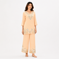 Soft Peach Floral Embroidered Mul Chanderi Set