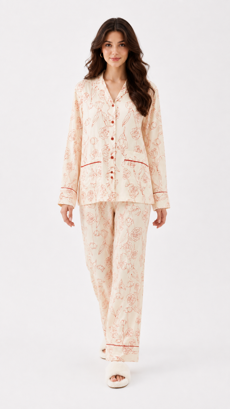 Red Rose Vines| Botanical Floral Piped Pyjama Set