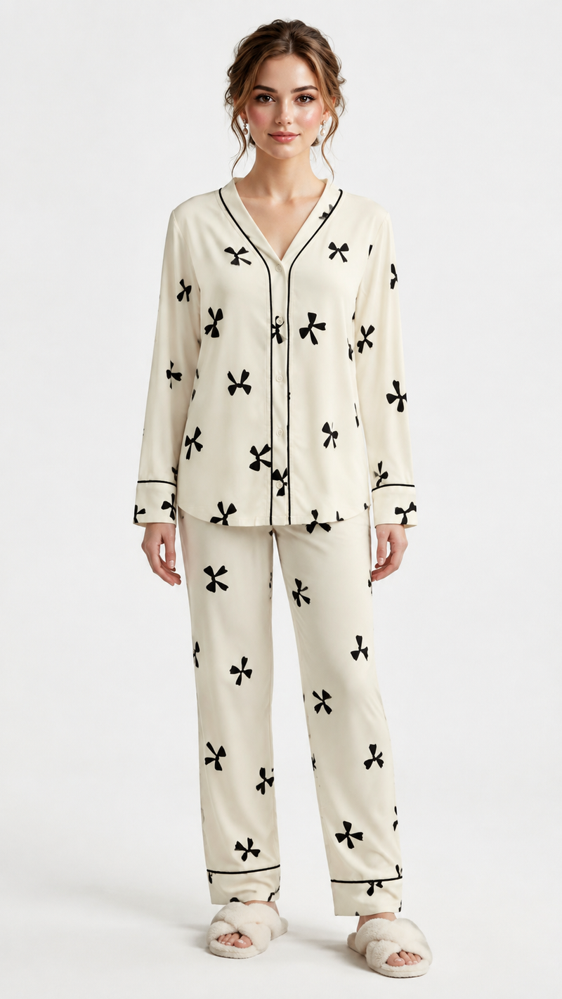 Ribbon Hour | Monochrome Bow Printed Pyjama Set
