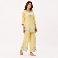 Pastel Yellow Floral Embroidered Mul Chanderi Set