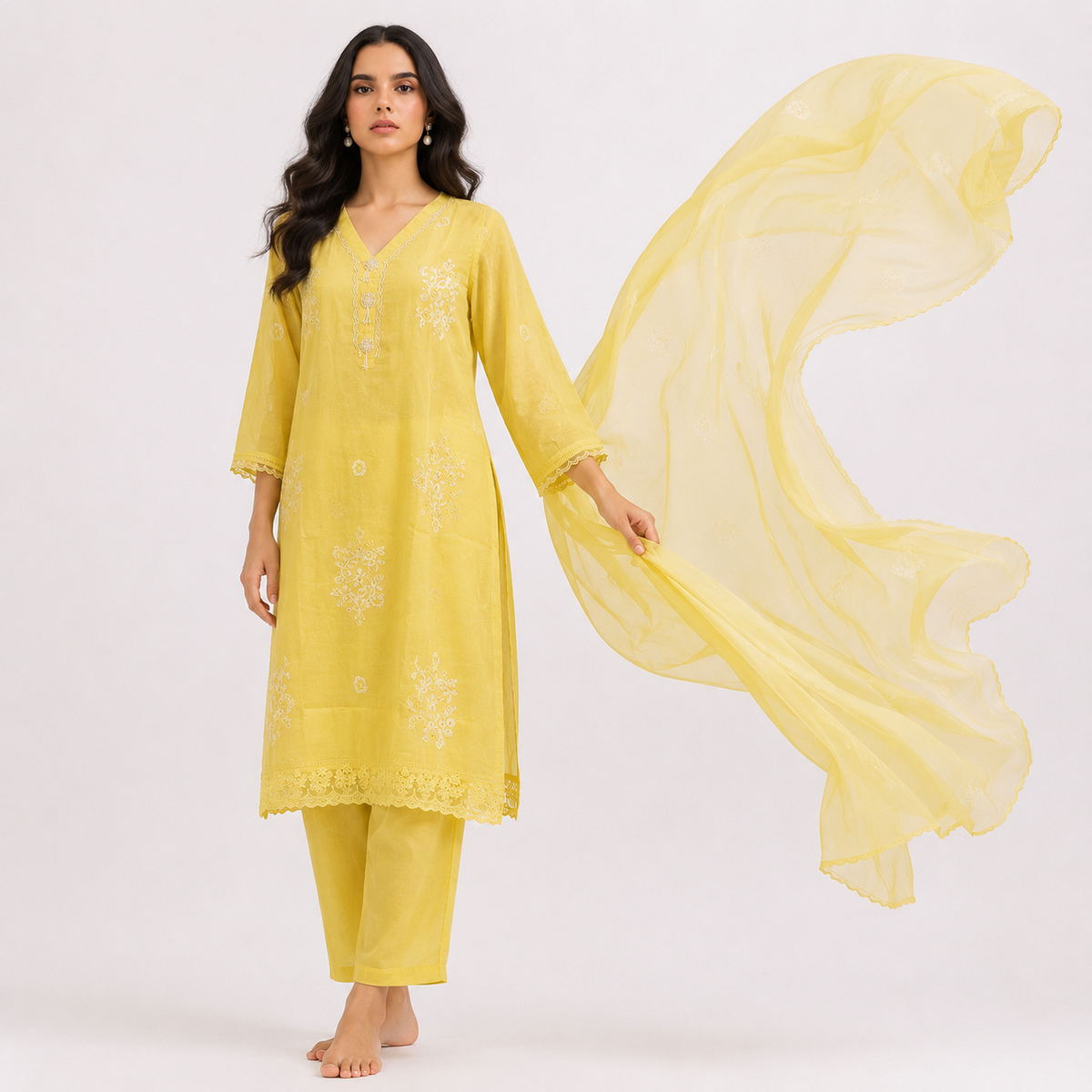 Lime Yellow Bemberg Silk Salwar Kameez Set