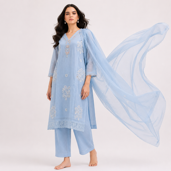 Ocean Blue Bemberg Silk Salwar Kameez Set