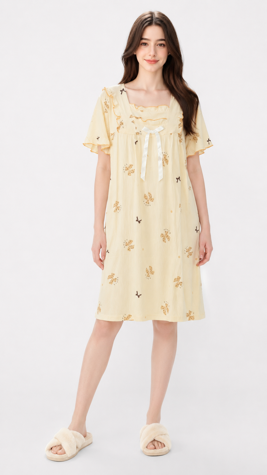 Peach Please | Cream Peach Bow Printed Square Neck Ruffle Nightgown