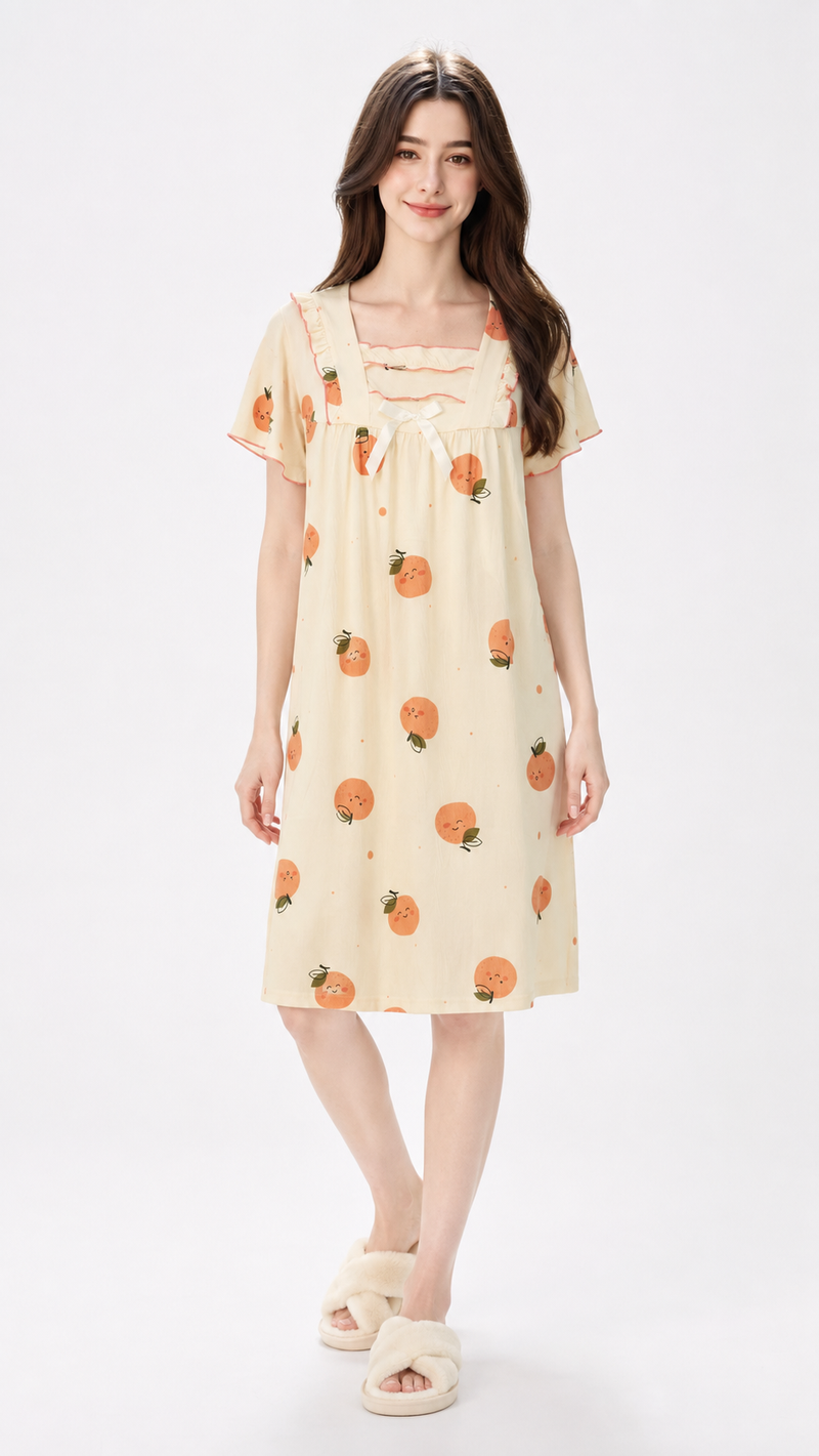 Citrus Smile | Cream Orange Printed Square Neck Ruffle Nightgown