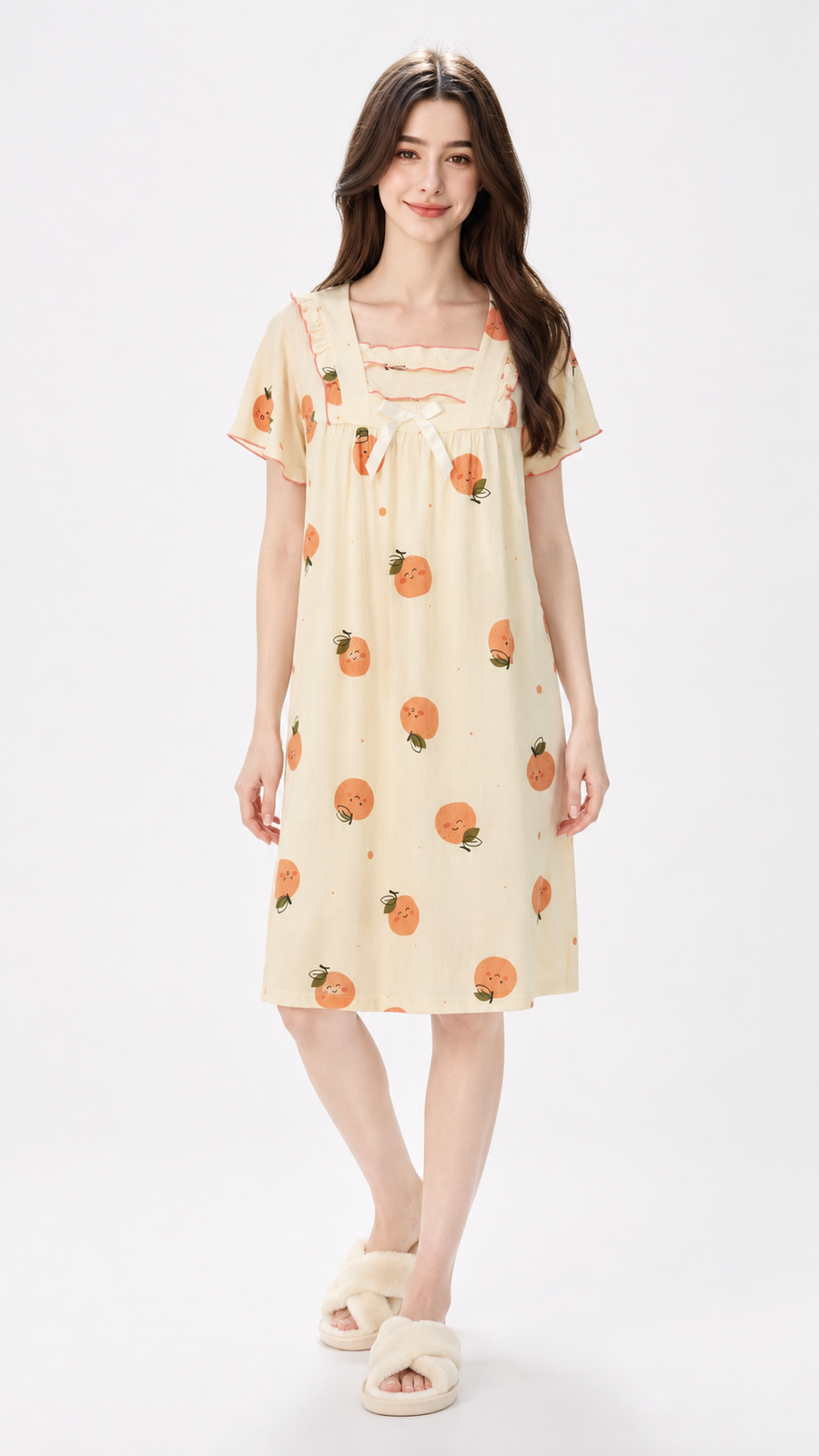 Citrus Smile | Cream Orange Printed Square Neck Ruffle Nightgown