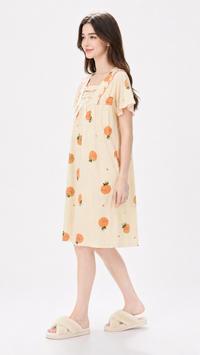 Citrus Smile | Cream Orange Printed Square Neck Ruffle Nightgown