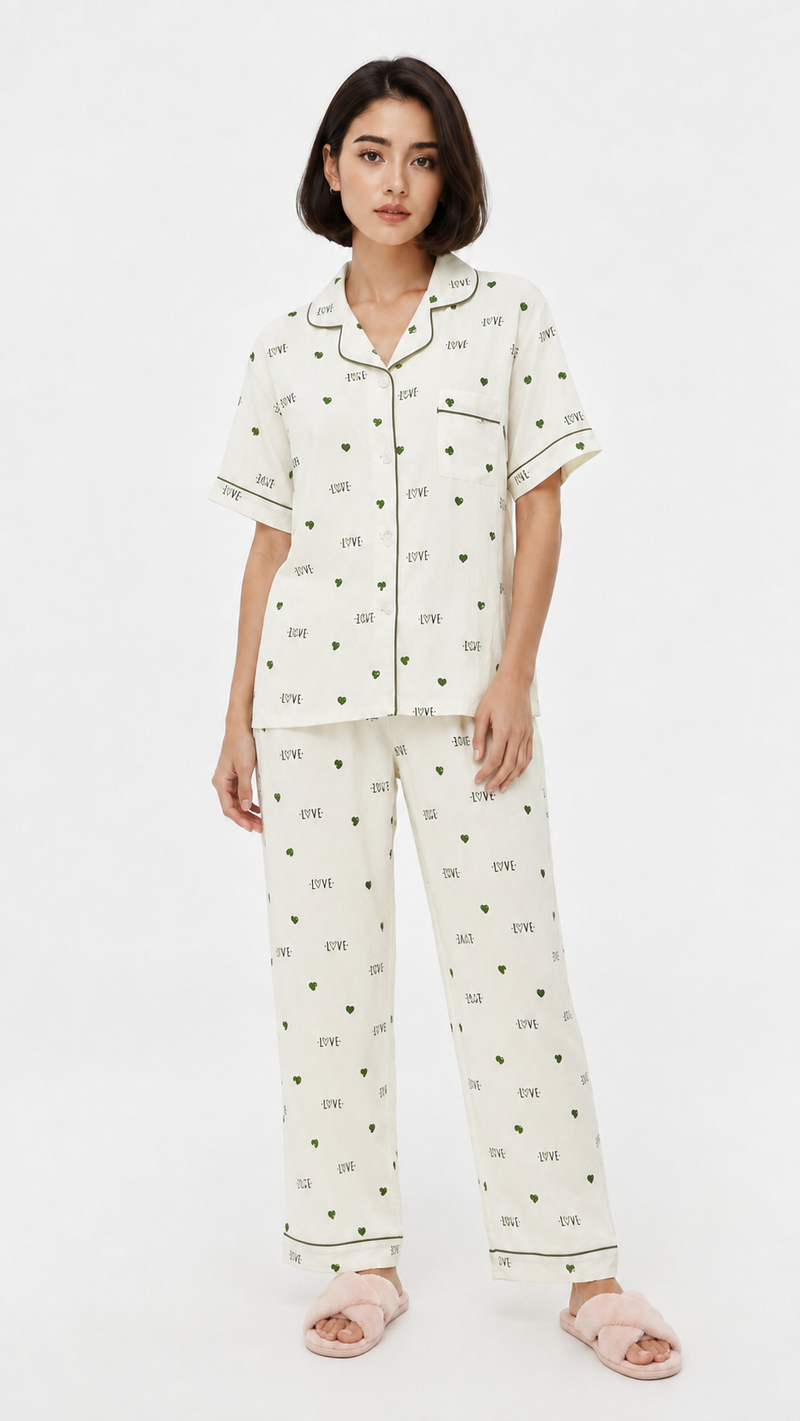 Green Crush | Green Heart Printed 2 Piece Pyjama Set