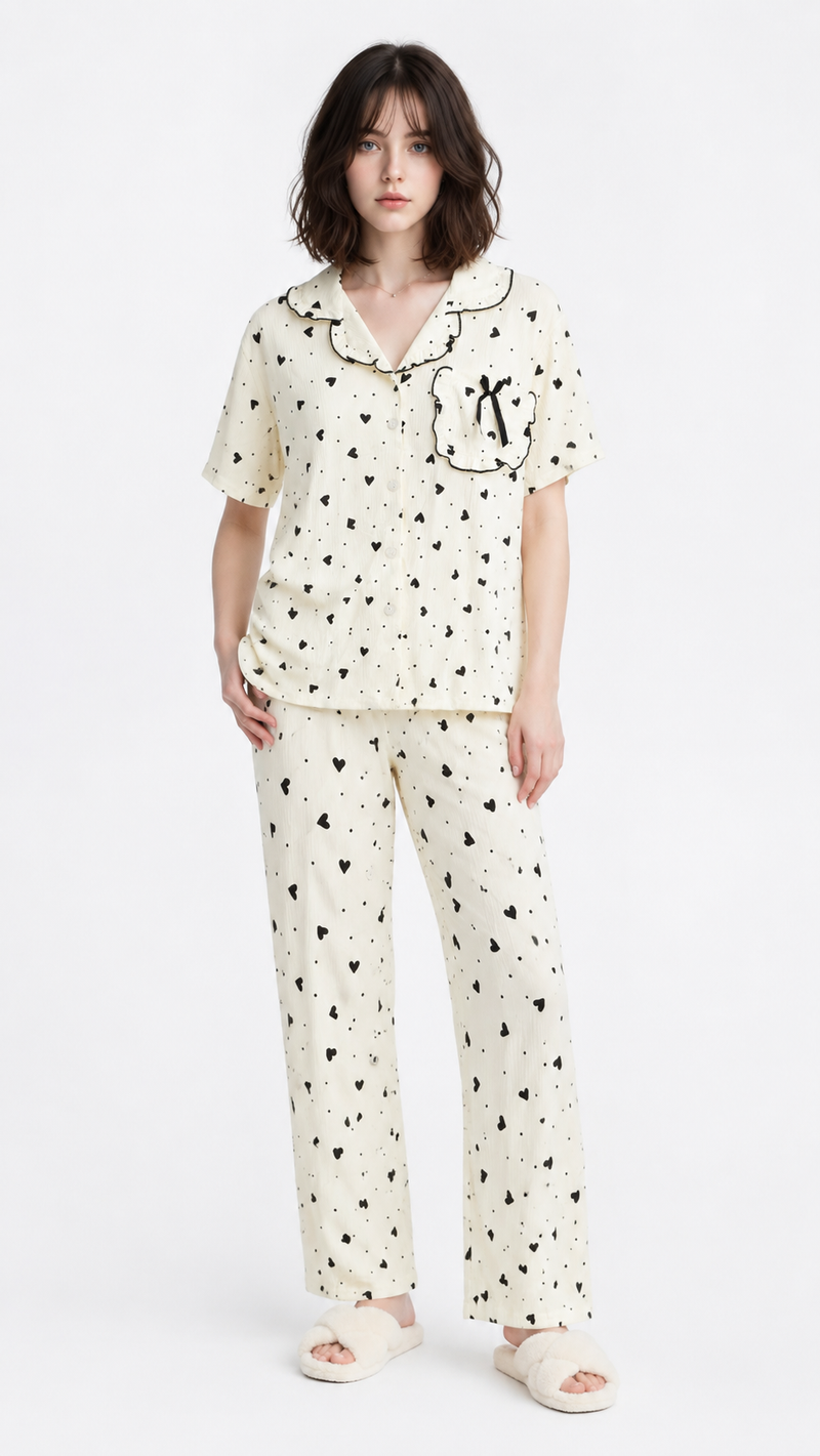 Midnight Crush | Black Heart Printed 2 Piece Pyjama Set