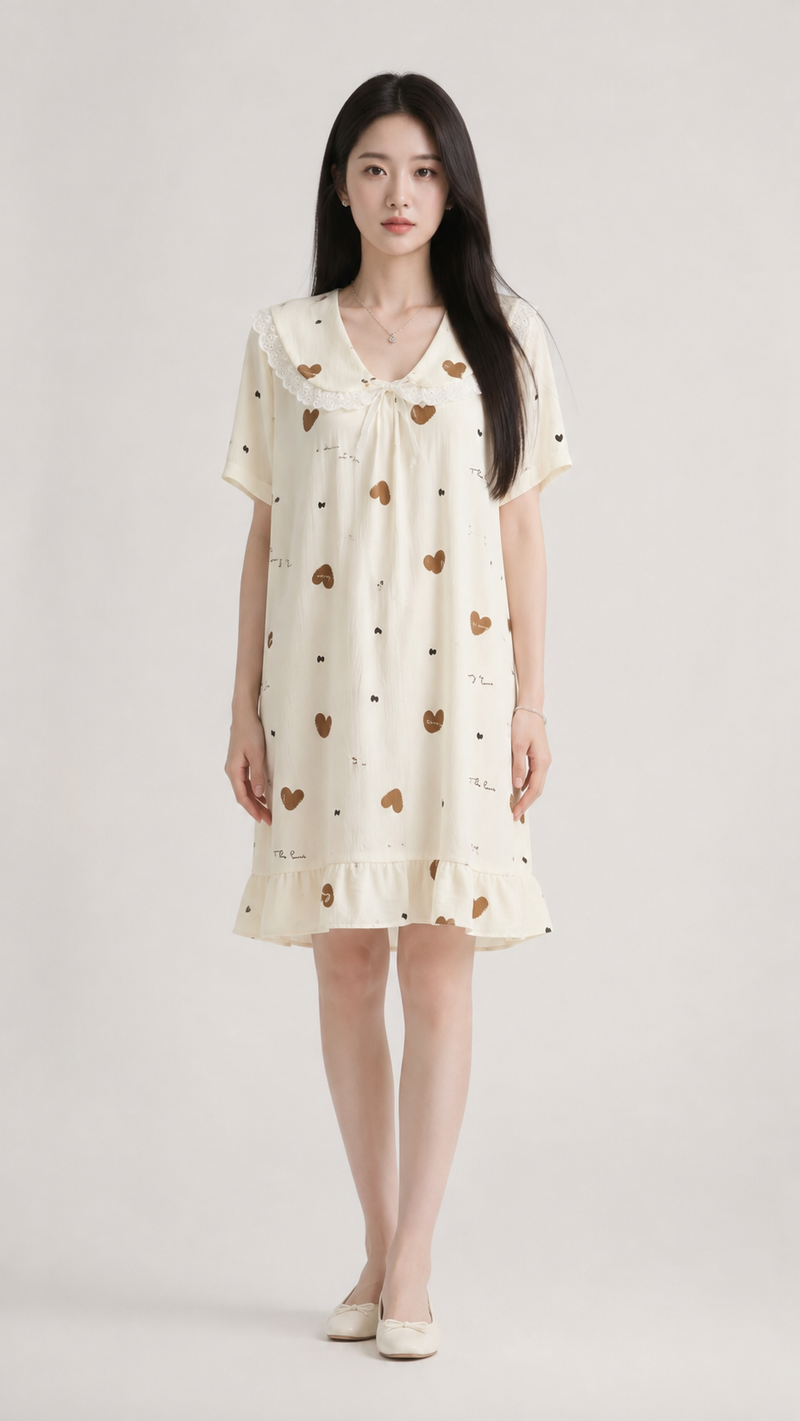 Caramel Heart Notes | Printed Peter Pan Collar Nightgown
