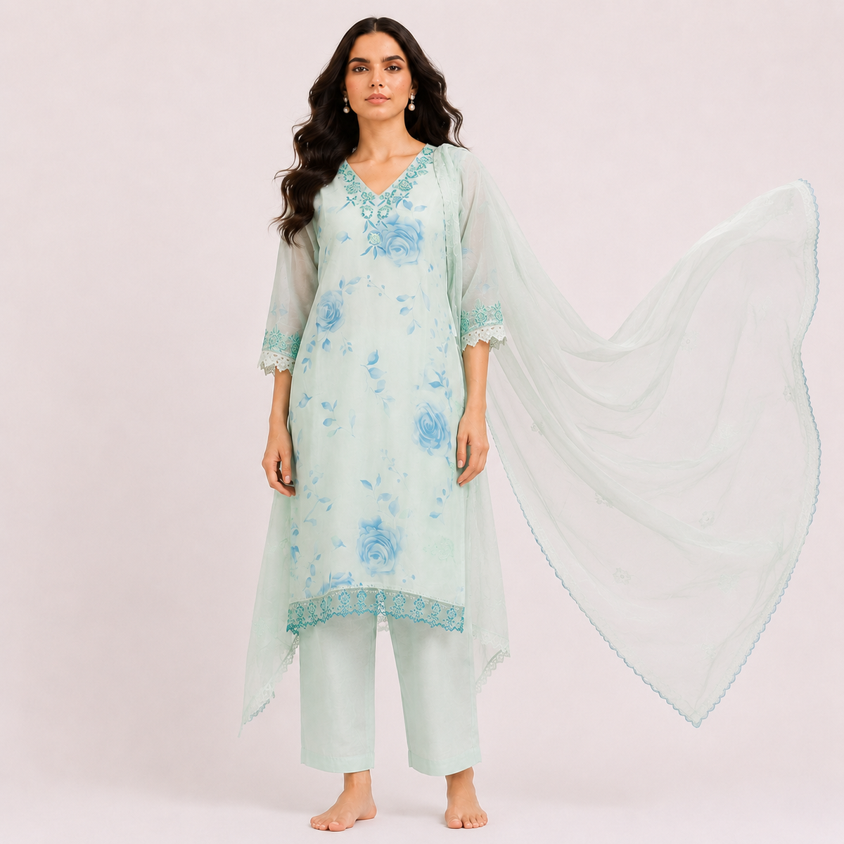 Mint Green Bemberg Silk Salwar Kameez Set