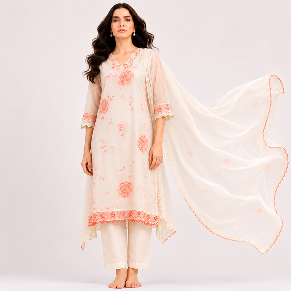 Peach Floral Bemberg Silk Salwar Kameez Set