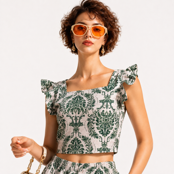 A woman wearing a green and white EVERSHE damask-patterned ruffle-sleeve crop top and matching bottoms, styled with orange-tinted sunglasses and a gold chain handbag against a plain white background.