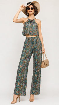 A woman models an EVERSHE matching two-piece set featuring a halter crop top and wide-leg trousers with an intricate teal, green, and gold floral pattern. She is styled with a beige wide-brim hat, sunglasses, a beige handbag, and nude high-heeled sandals against a plain light gray studio background.